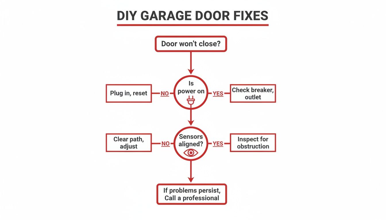 Flowchart illustrating DIY garage door troubleshooting for closure issues, covering power and sensor checks.