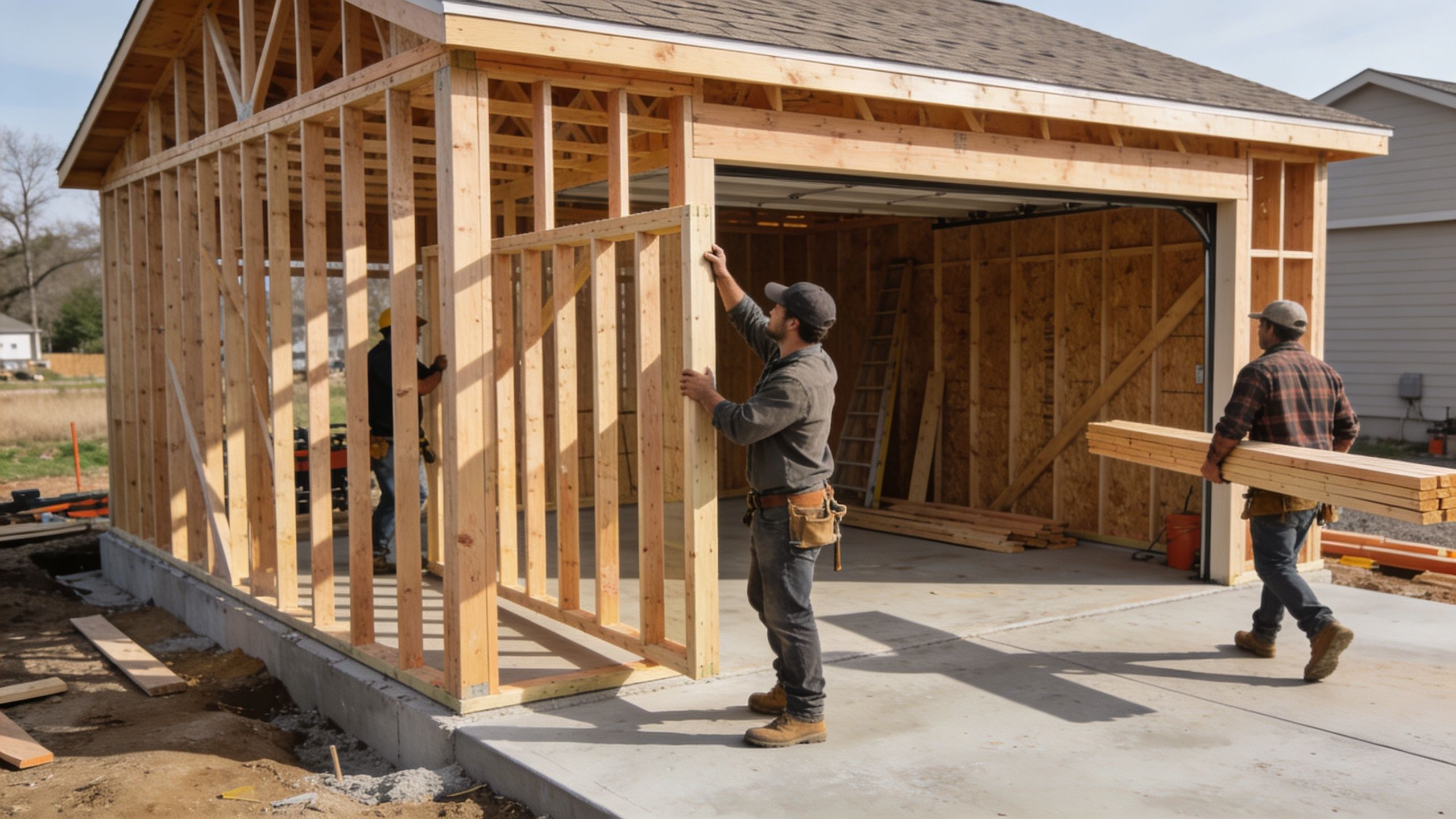 Three construction workers framing the wooden structure of a new detached garage on a residential property.