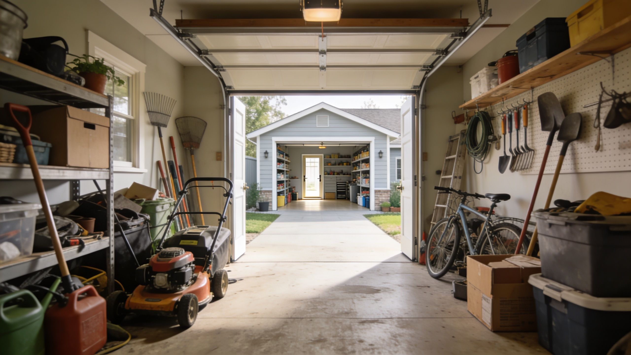 A view from inside a cluttered garage looking out towards another detached garage across a driveway.