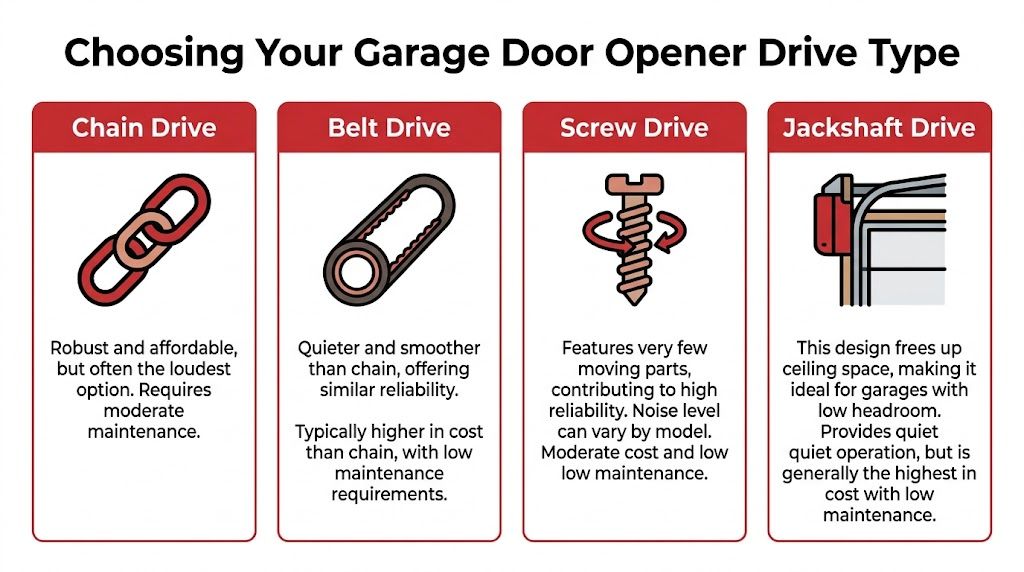 A comparison chart explaining the four main types of garage door opener drive systems with descriptions.