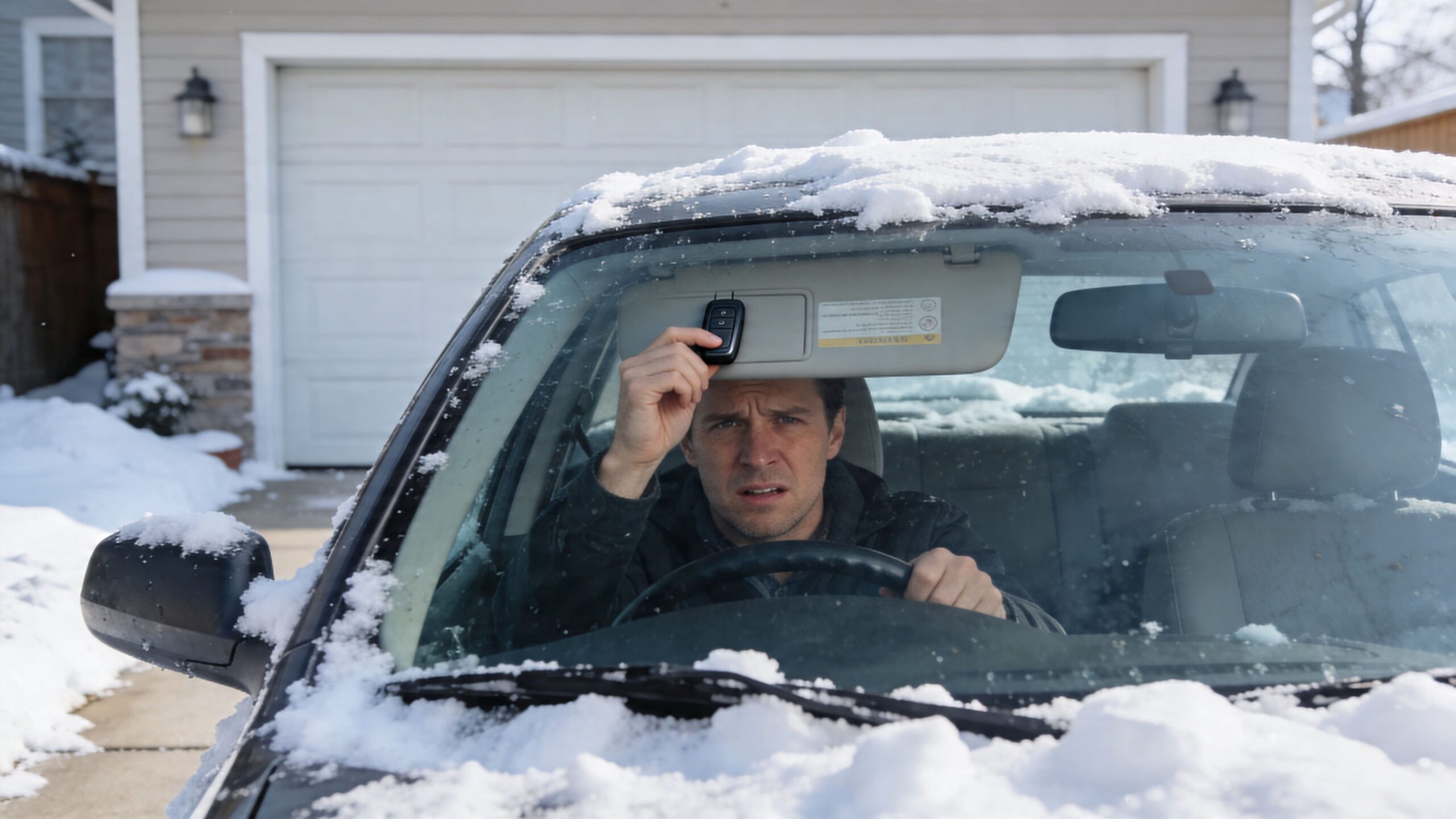 A concerned driver inside a snow-covered car looks up while holding a garage door remote control.