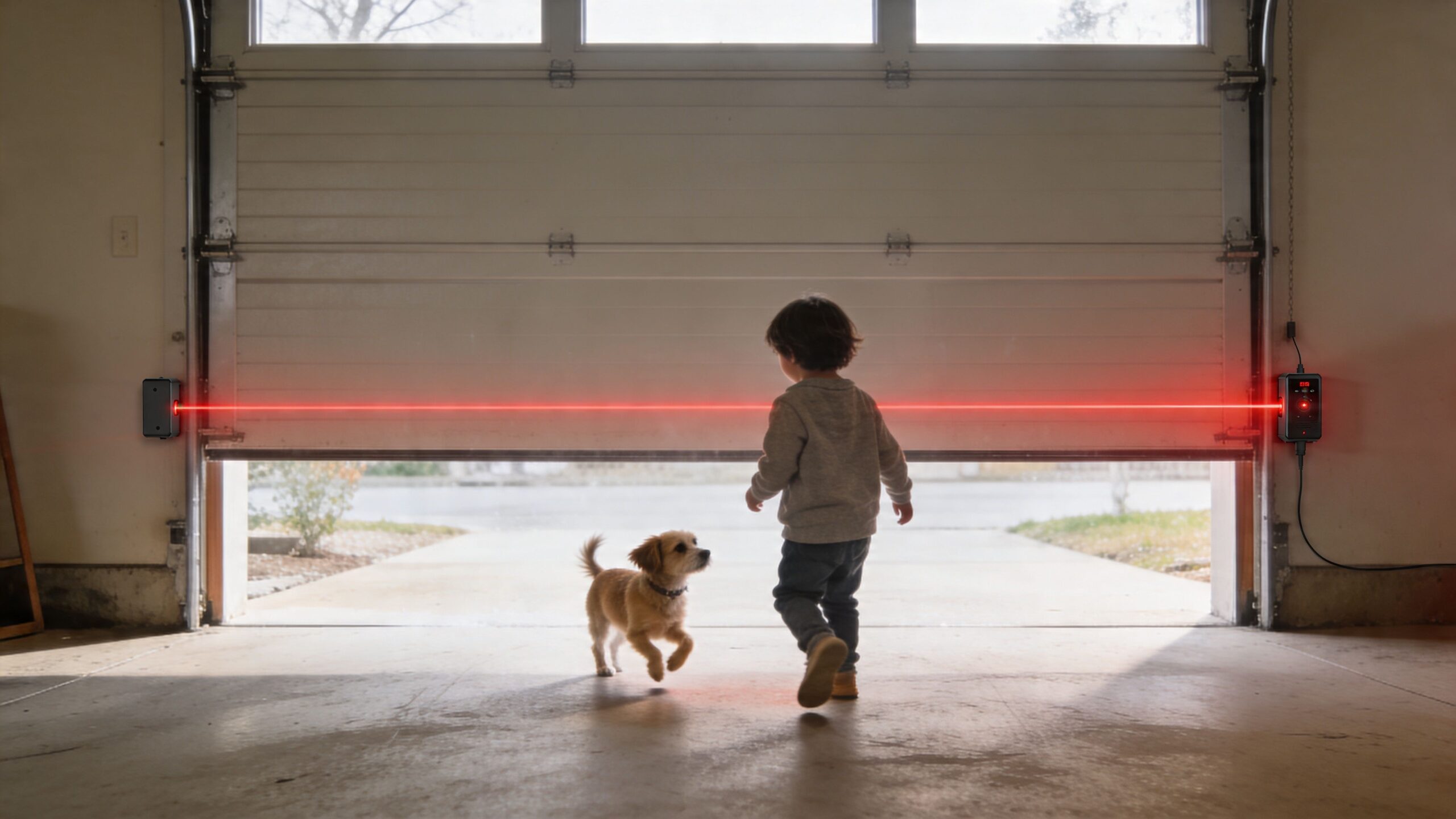 A young child and a small dog walking under a garage door with a safety laser sensor