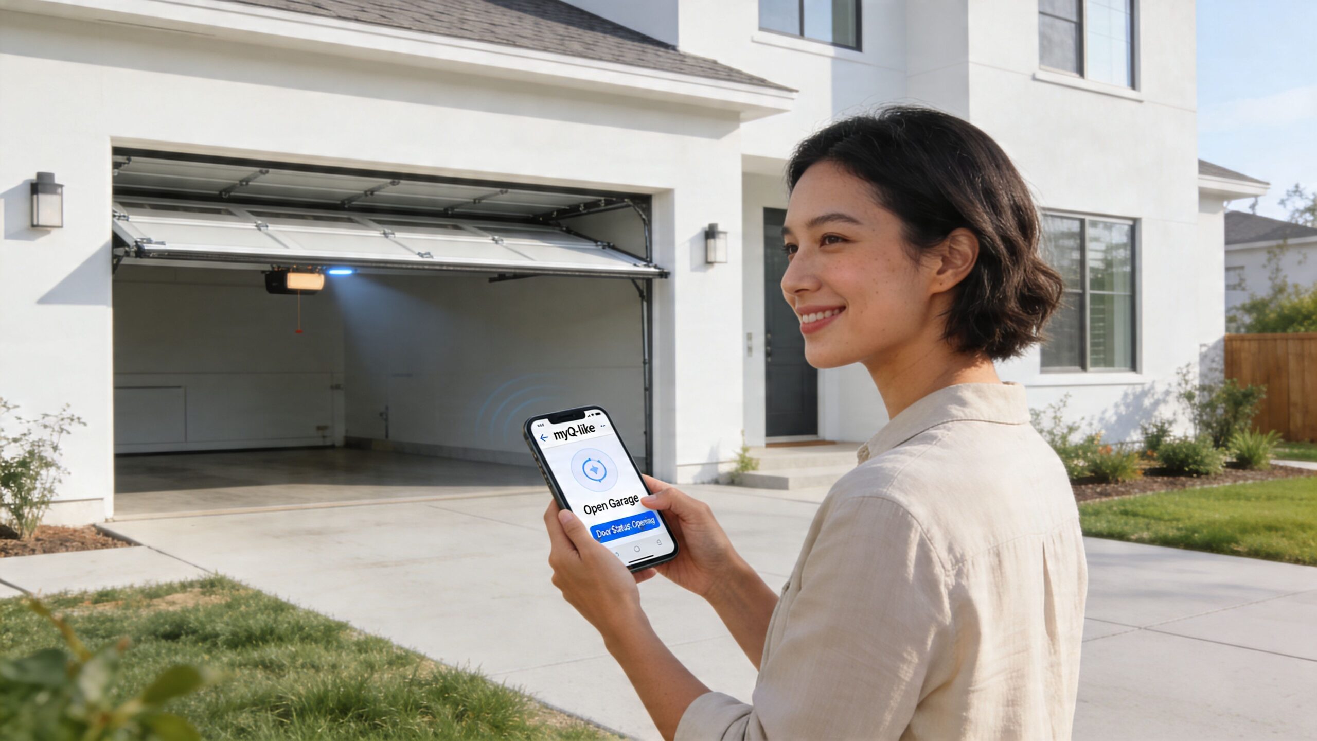 A woman stands in front of her home using a smartphone app to control the garage door.
