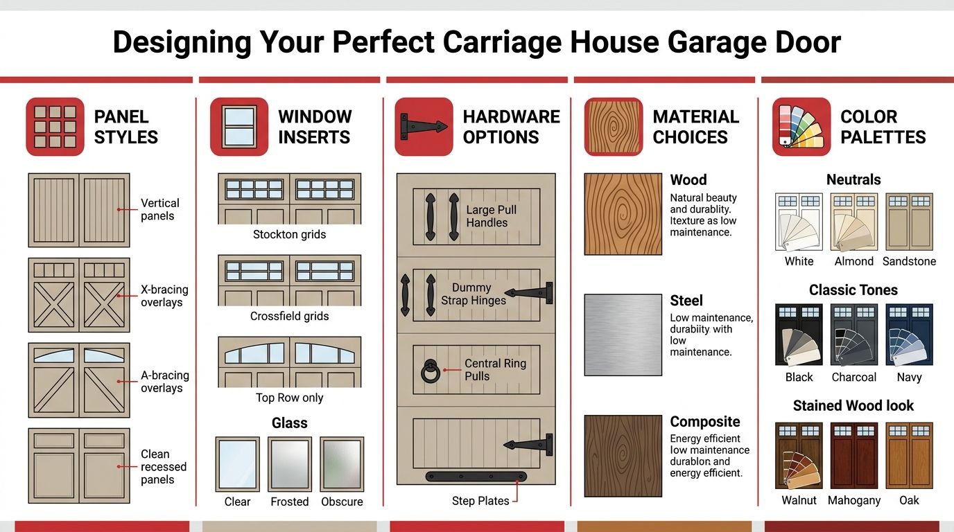 An infographic detailing design choices for carriage house garage doors including panel styles, windows, hardware, materials, and colors.