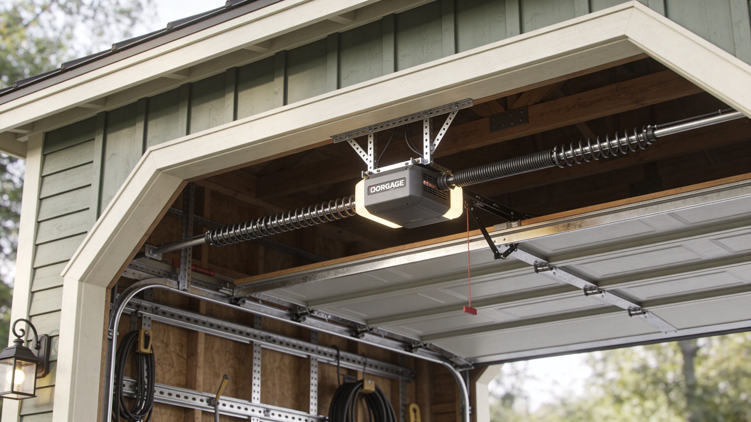 A view inside a carriage house garage showing the garage door opener mechanism mounted to the ceiling.
