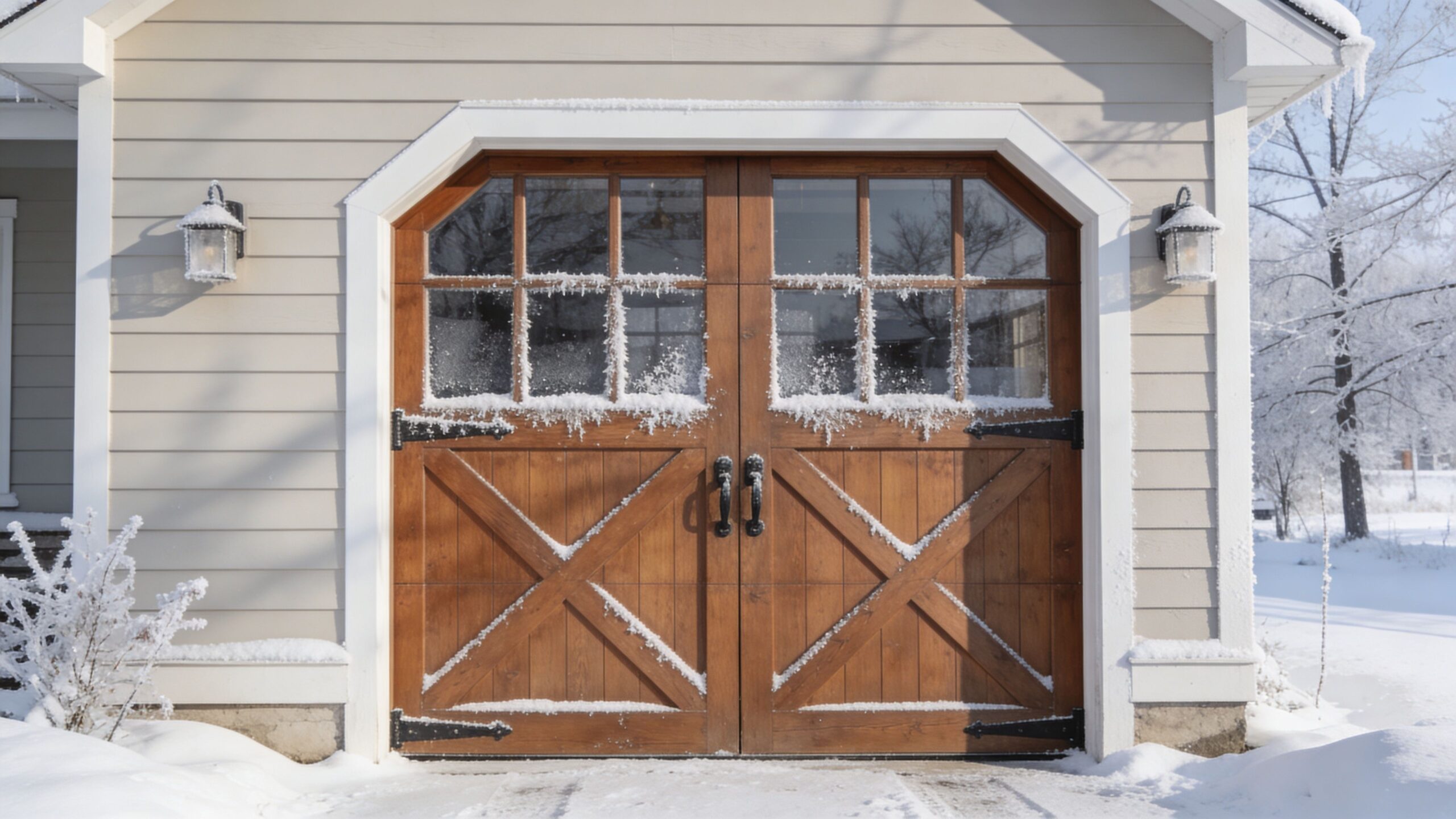 A rustic wooden carriage house garage door with glass panes covered in a light layer of snow.
