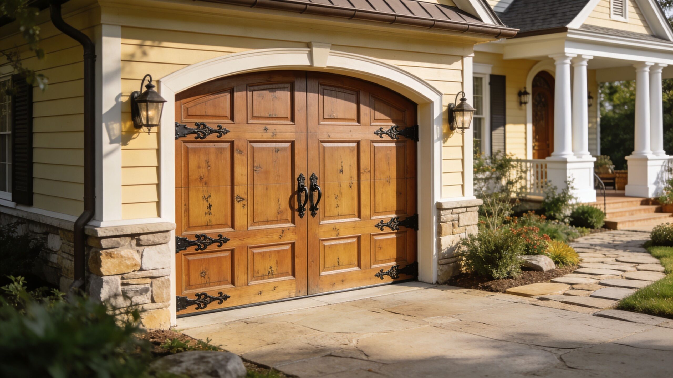 A rustic carriage house garage with wooden doors featuring decorative black hinges on a sunny day.