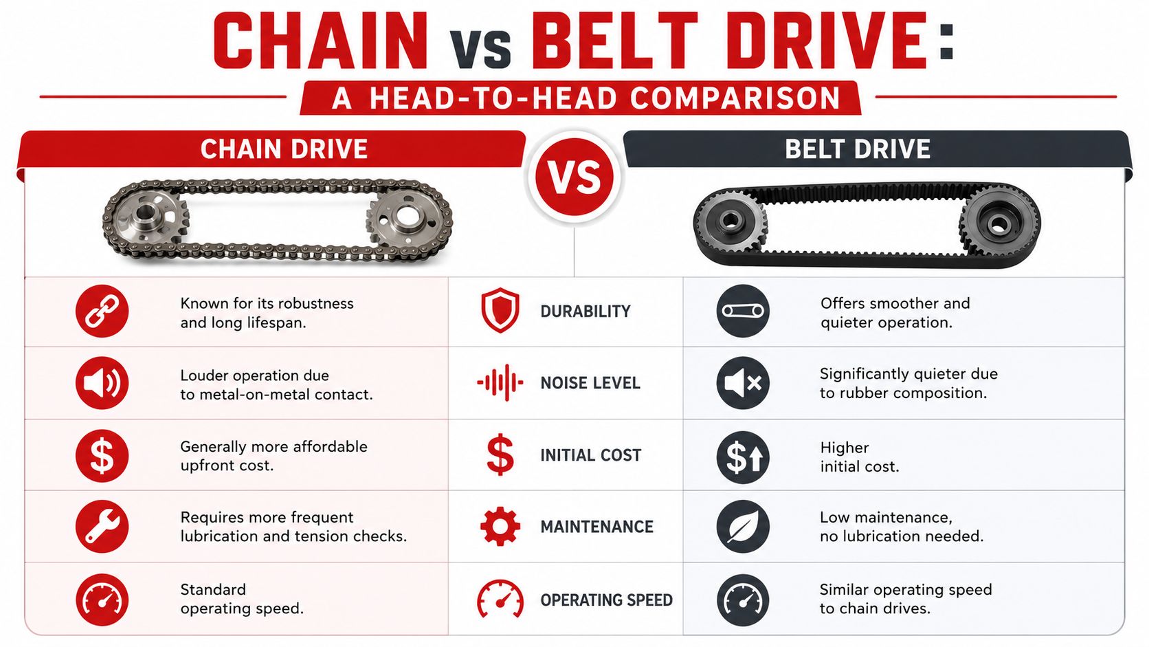 A comparison chart showing the differences between chain drives and belt drives including durability, noise, cost, and maintenance.