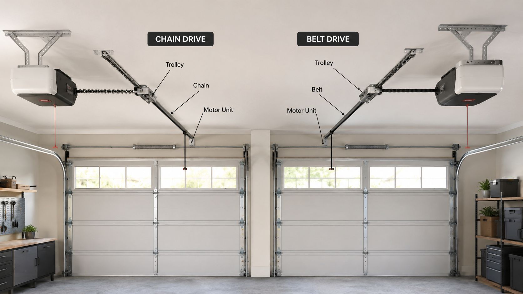 A split view comparing the mechanisms of a chain drive and belt drive garage door opener.