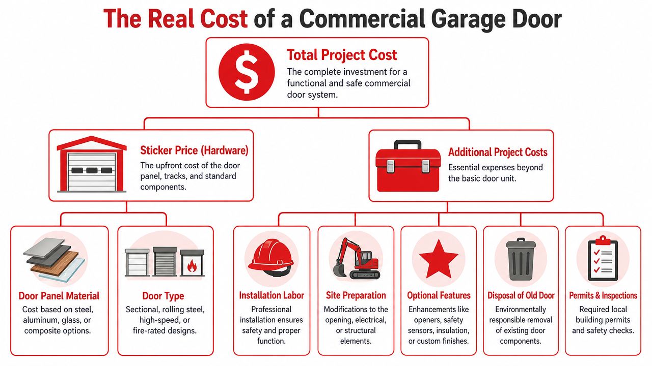 An infographic diagram outlining the total cost factors for installing a commercial garage door system.