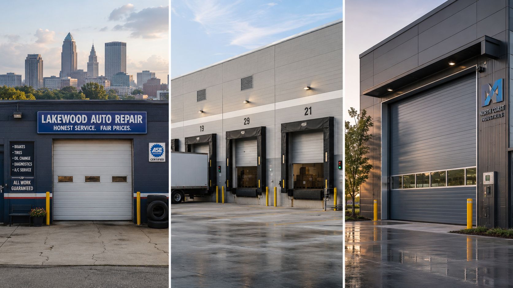 A collage showing three different types of commercial garage doors on auto repair and industrial buildings.