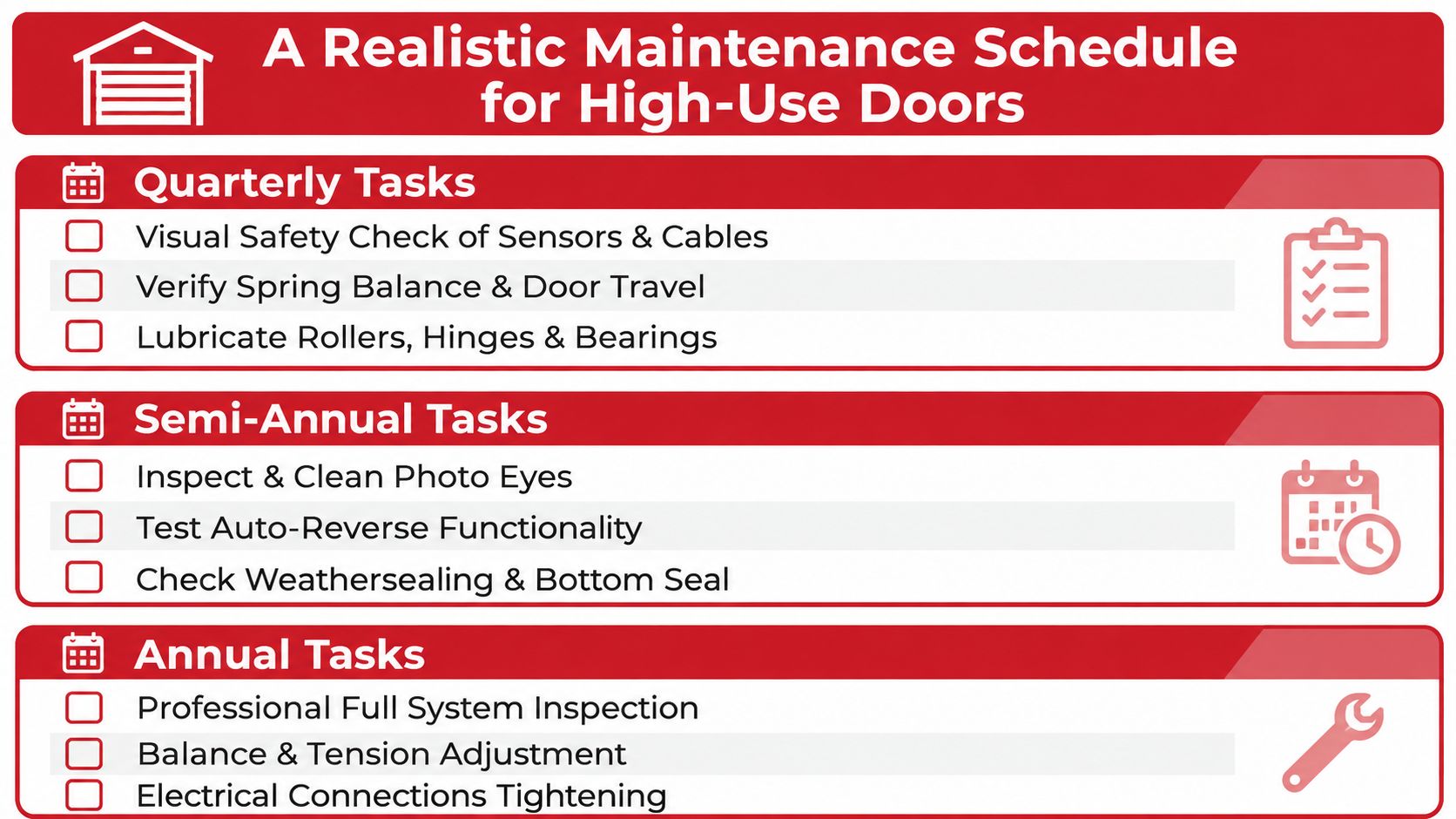 A checklist infographic detailing a maintenance schedule for high-use garage doors by frequency intervals.