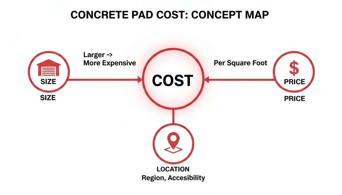 A concept map illustrating the factors influencing concrete pad cost: size, price per square foot, and location.