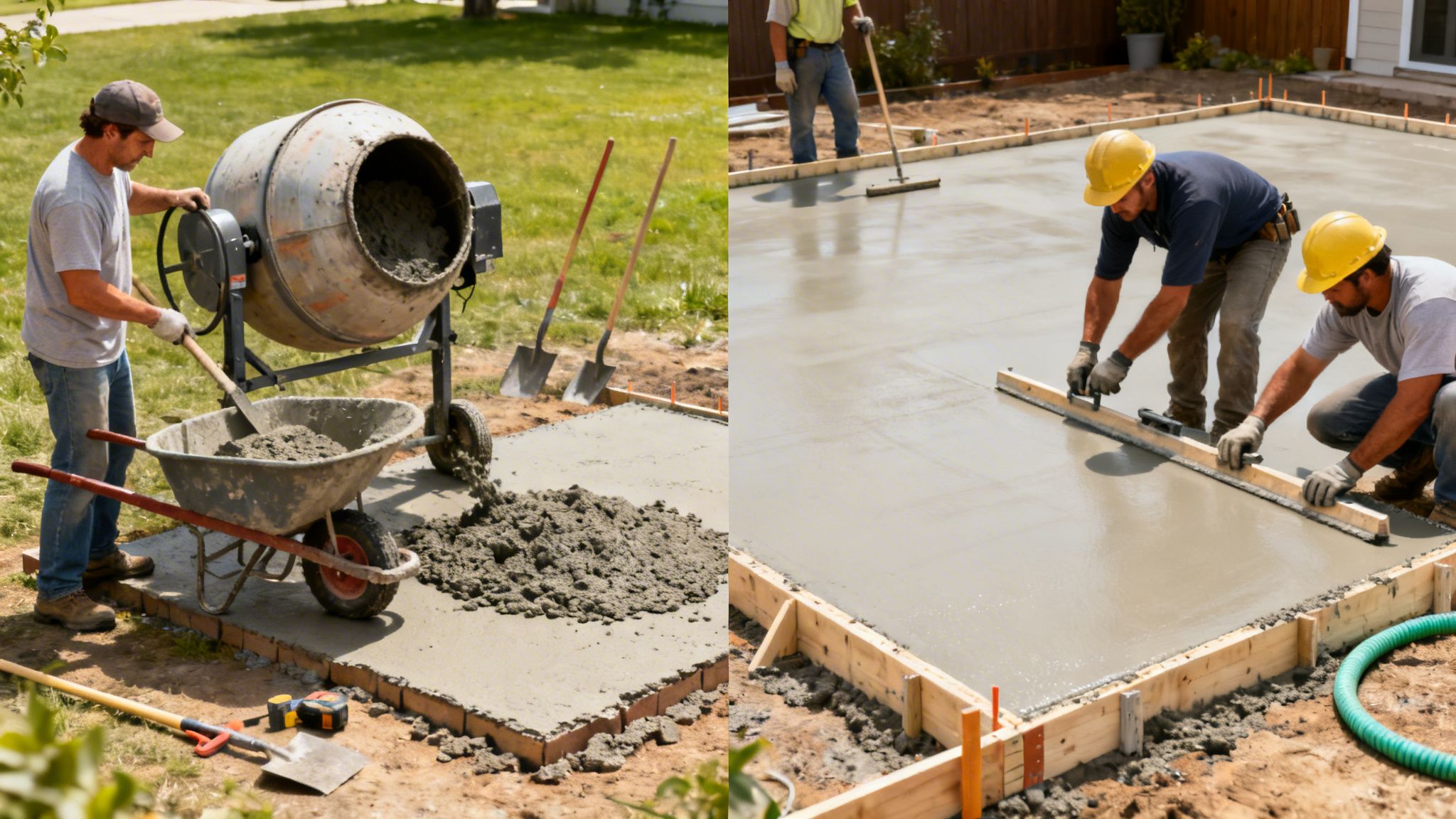 Construction workers pouring concrete from a mixer and leveling a new concrete pad.