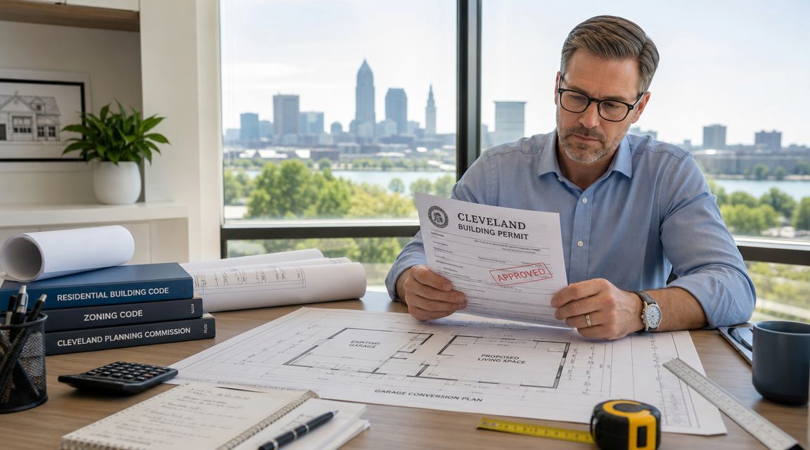 An architect reviewing a city building permit for a garage conversion project in his professional office.
