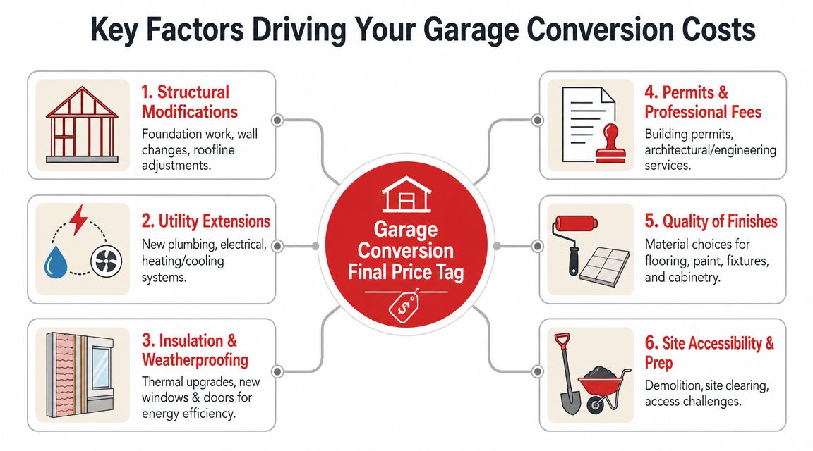 A diagram illustrating six key factors that influence the final cost of a garage conversion project.