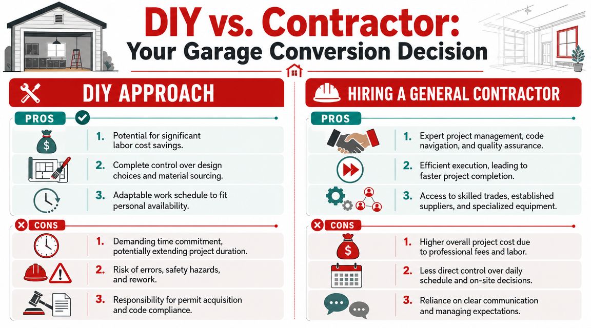A comparison infographic showing the pros and cons of doing a DIY garage conversion versus hiring a contractor.