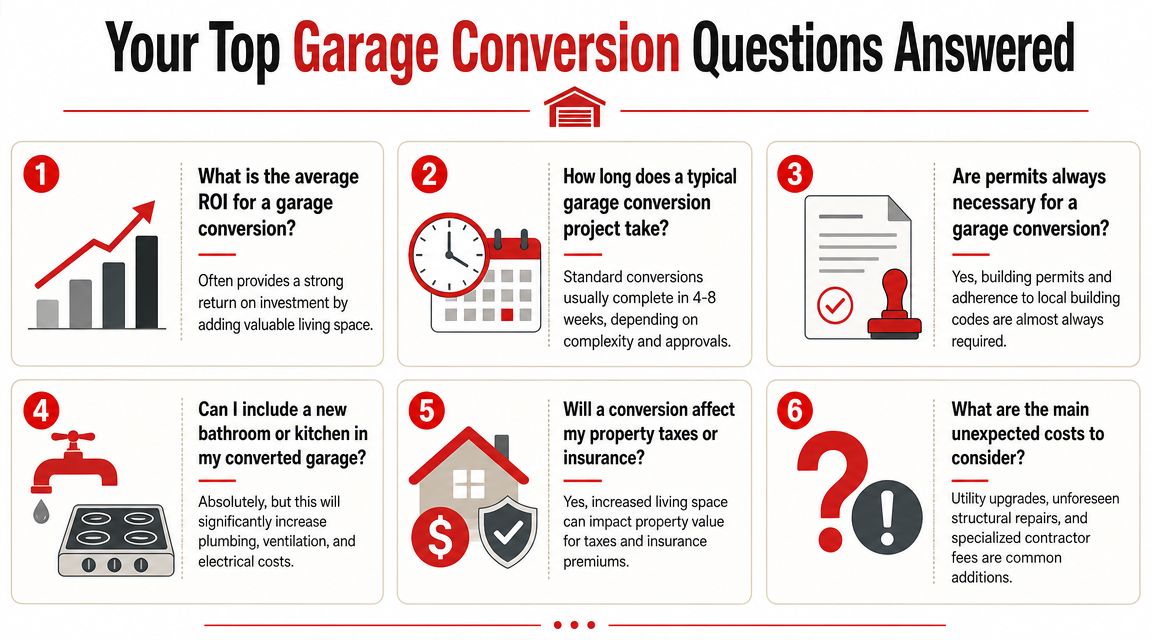 An infographic titled Your Top Garage Conversion Questions Answered displaying six numbered points about renovation considerations.