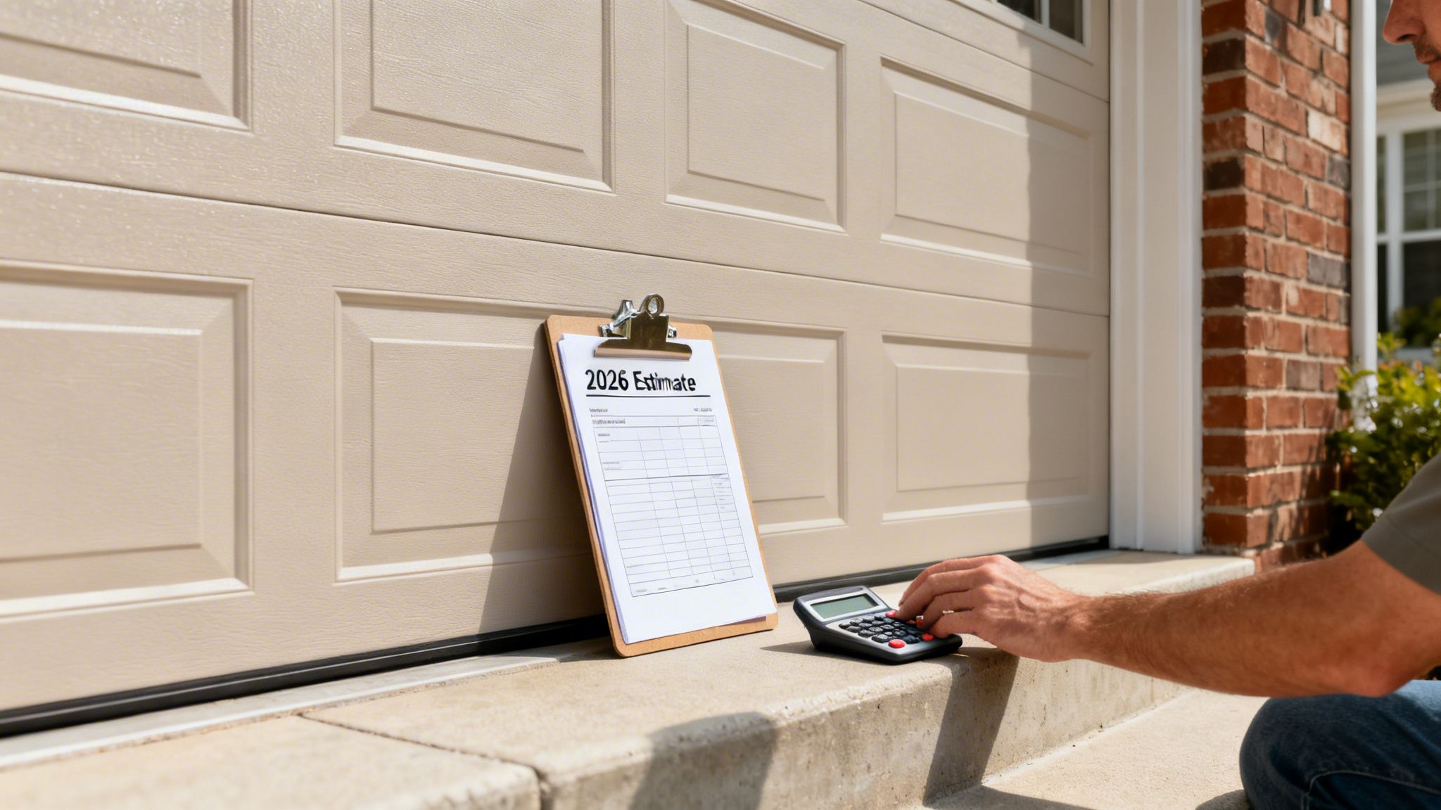 A person's hand uses a calculator next to a clipboard with a "2026 Estimate" form against a beige garage door.