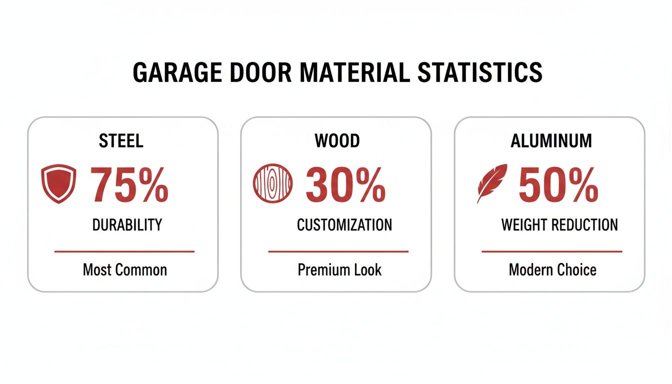 Infographic comparing garage door materials: Steel (durability), Wood (customization), and Aluminum (weight reduction).