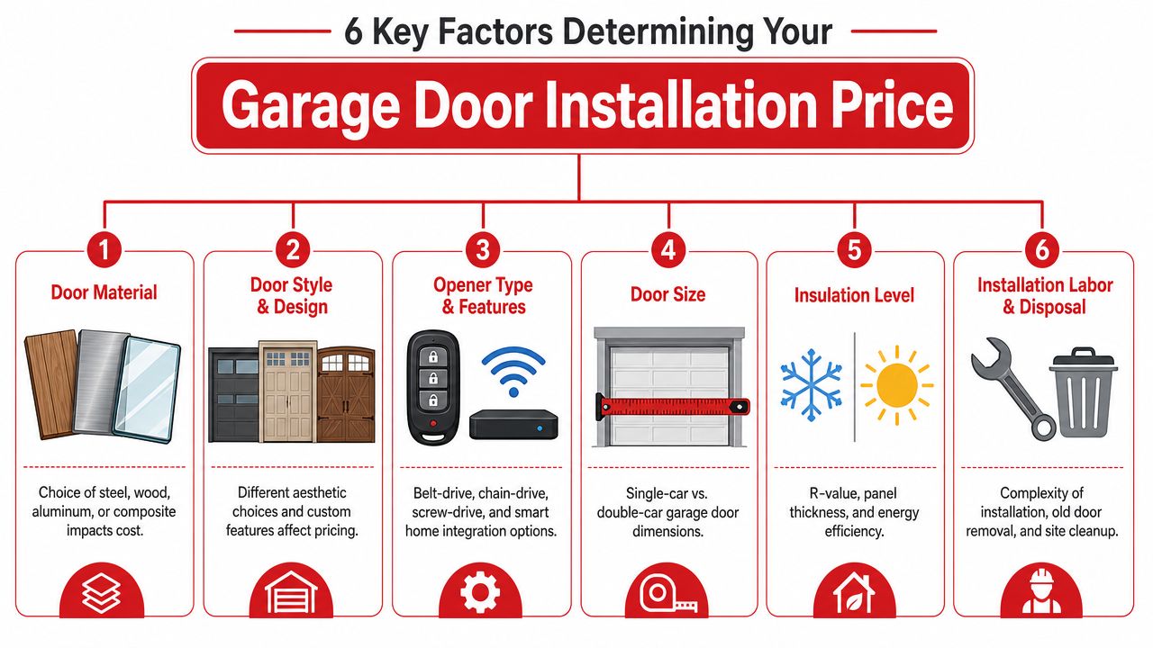 An infographic showing the 6 key factors that determine the total cost of garage door installation services.