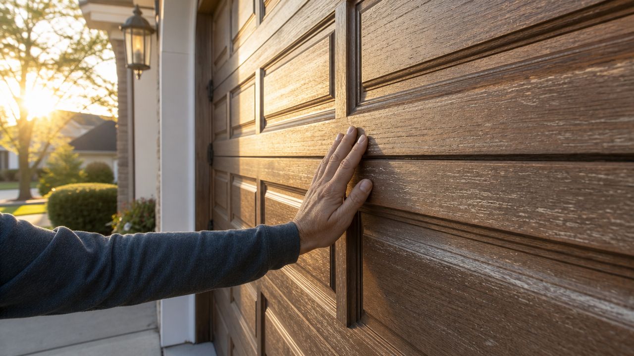 A person placing their hand on a textured brown wooden garage door during a sunny evening.