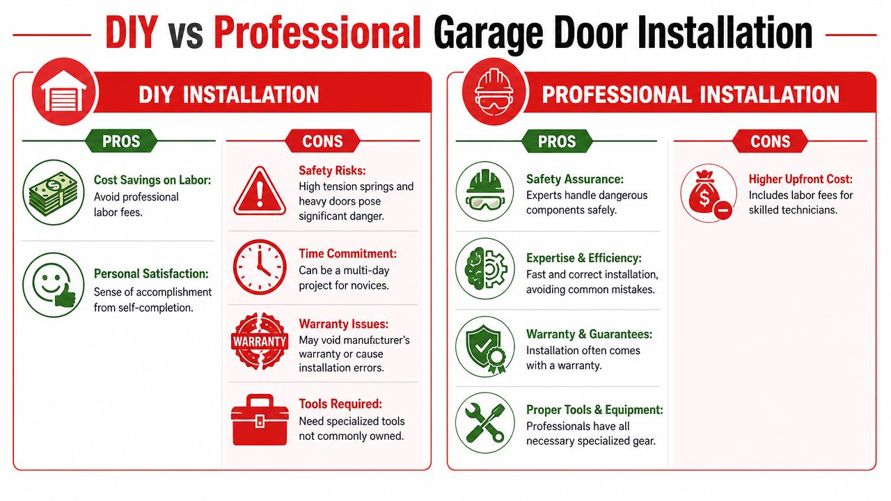 A comparison infographic detailing the pros and cons of DIY versus professional garage door installation services.