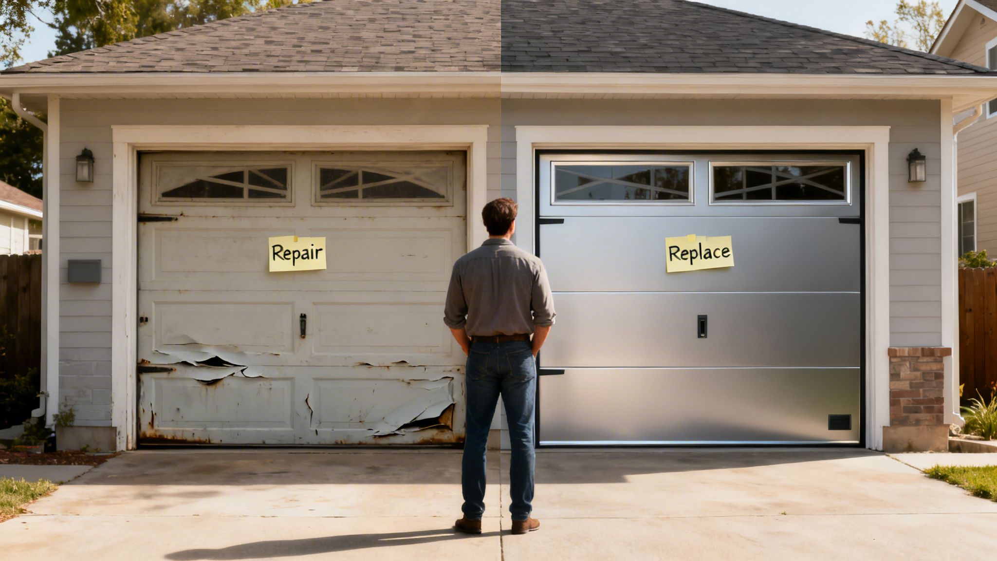 A man faces an old garage door marked 'Repair' and a new one marked 'Replace'.