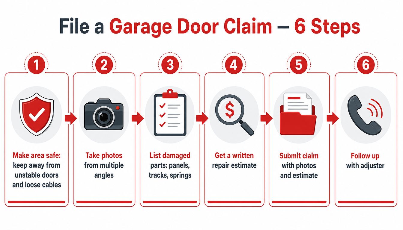 A step-by-step infographic showing six clear actions to take when filing a garage door insurance claim.