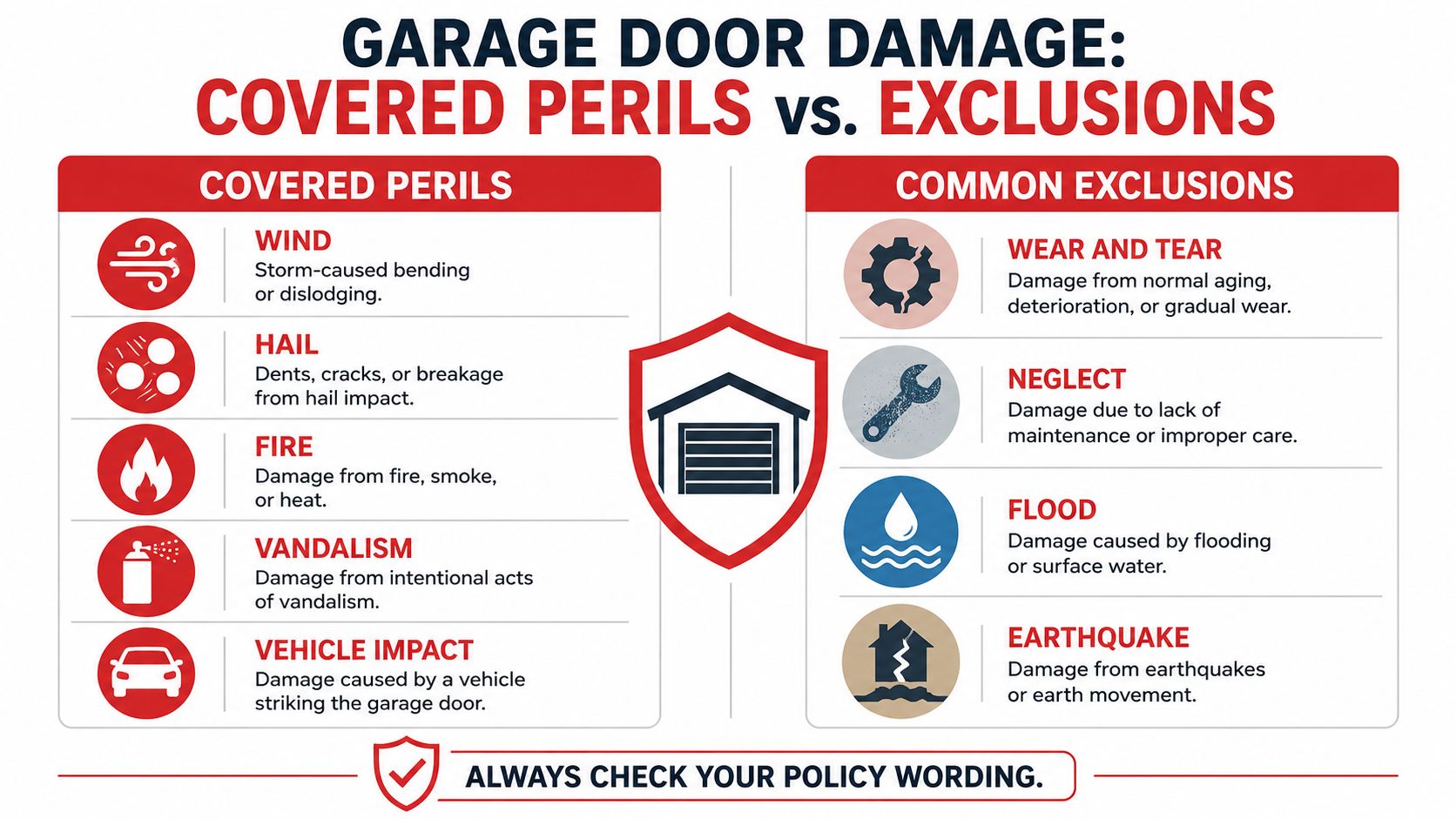 An infographic titled Garage Door Damage outlining covered insurance perils versus common insurance exclusions for garage doors.