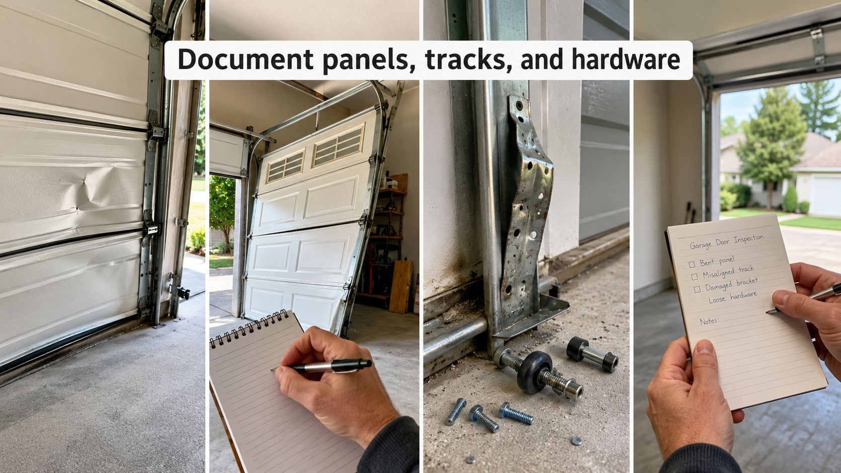 A person documenting garage door damage, including a dented panel and broken hardware, on a notepad.