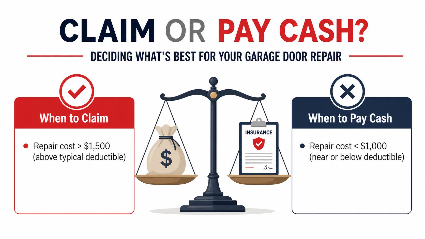An infographic comparing when to file an insurance claim versus paying cash for garage door repairs.