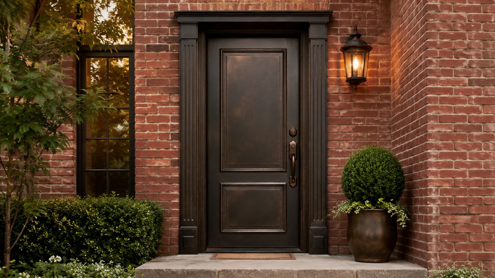 An elegant dark bronze door set against a rustic red brick exterior of a home entrance.