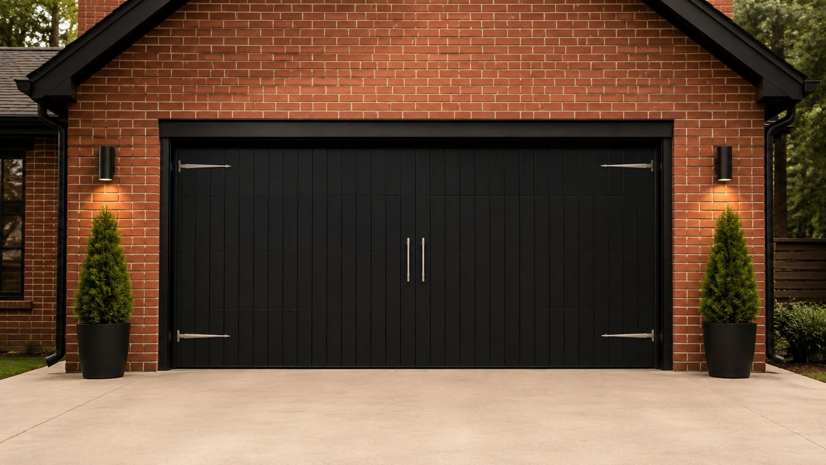 A modern black garage door set against a classic red brick exterior wall with matching decorative hinges.