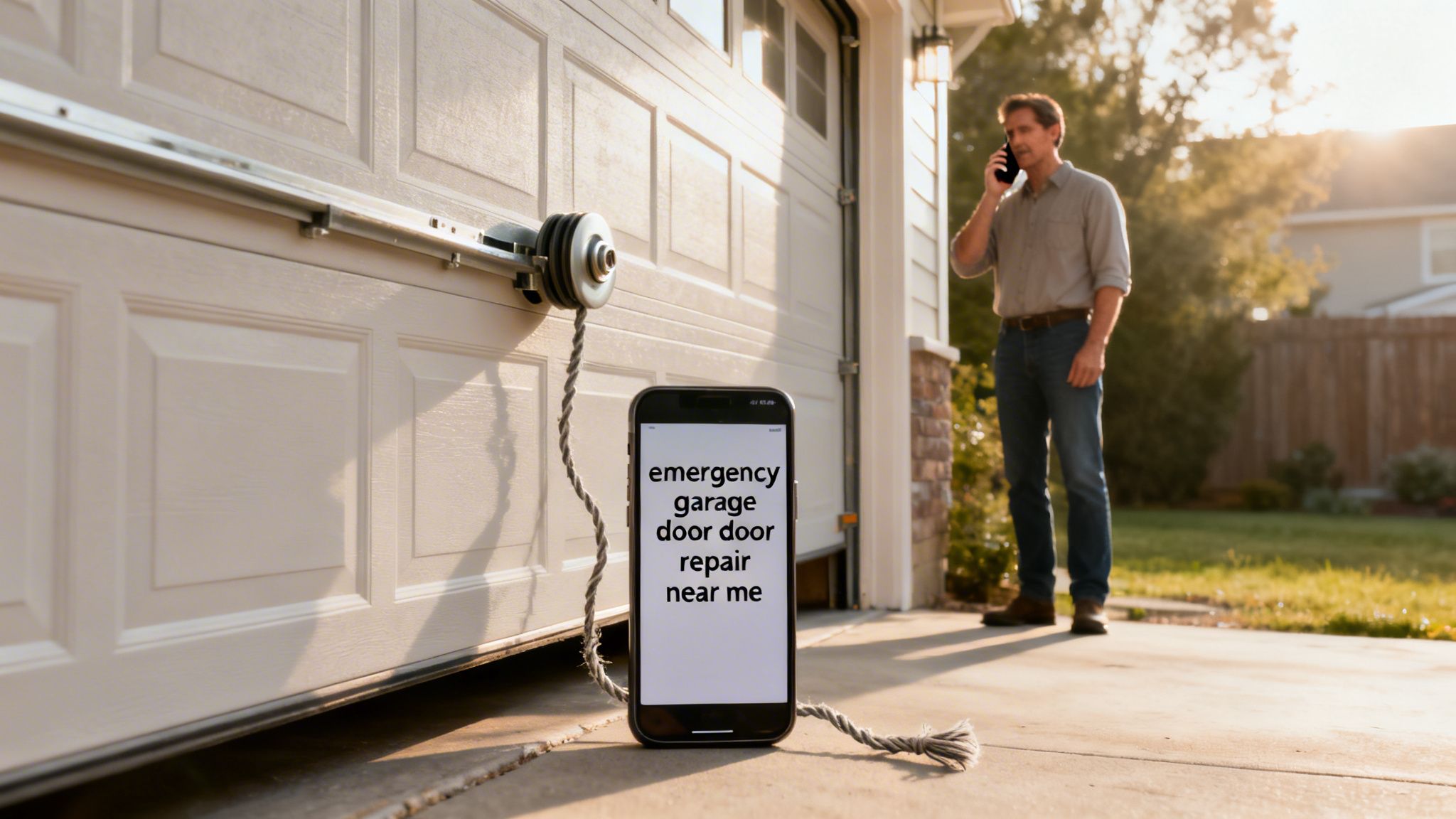 Man on phone searching 'emergency garage door repair near me' for his broken garage door.