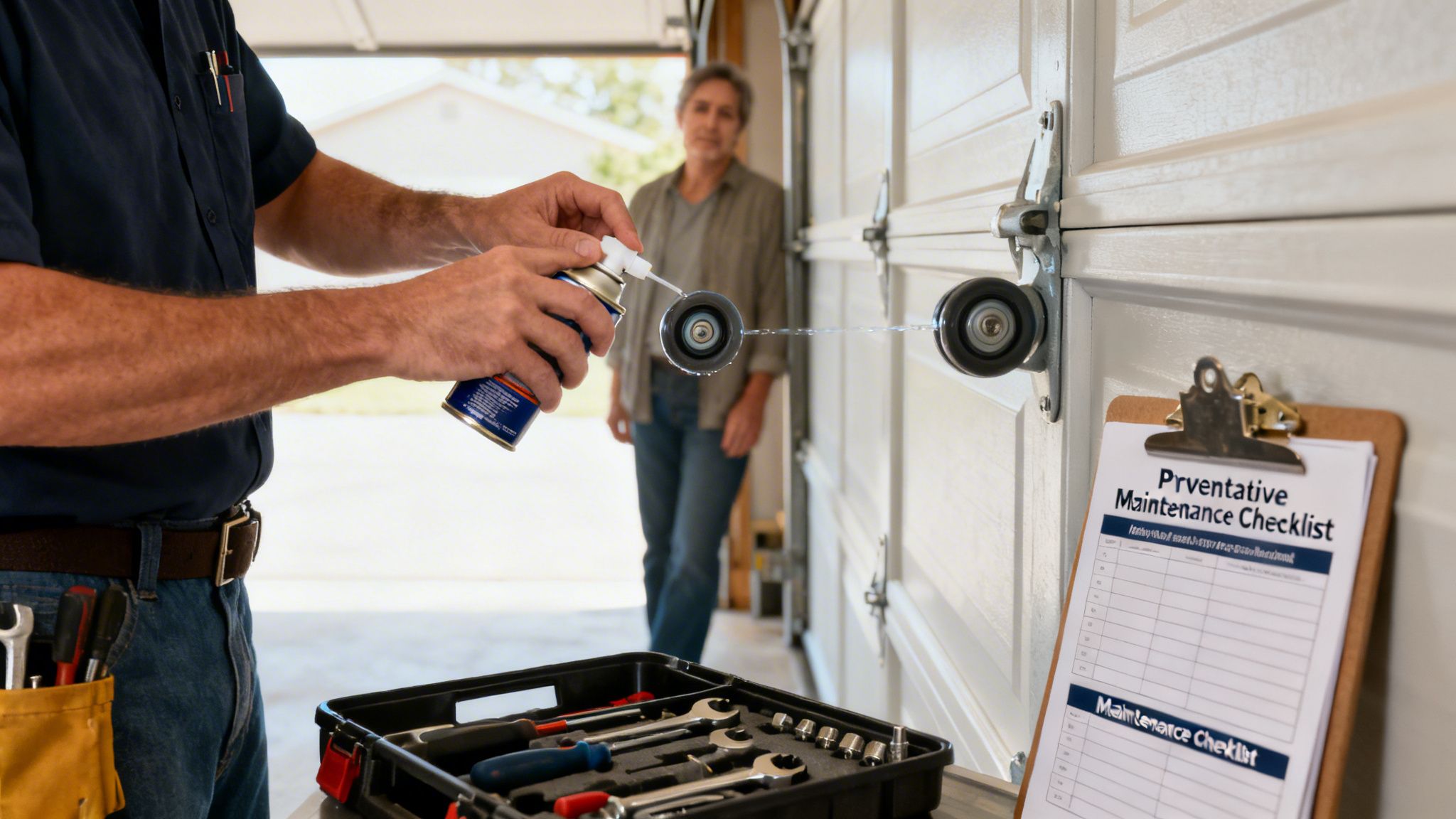 A technician sprays lubricant on a garage door roller while a homeowner watches, with tools and a checklist nearby.