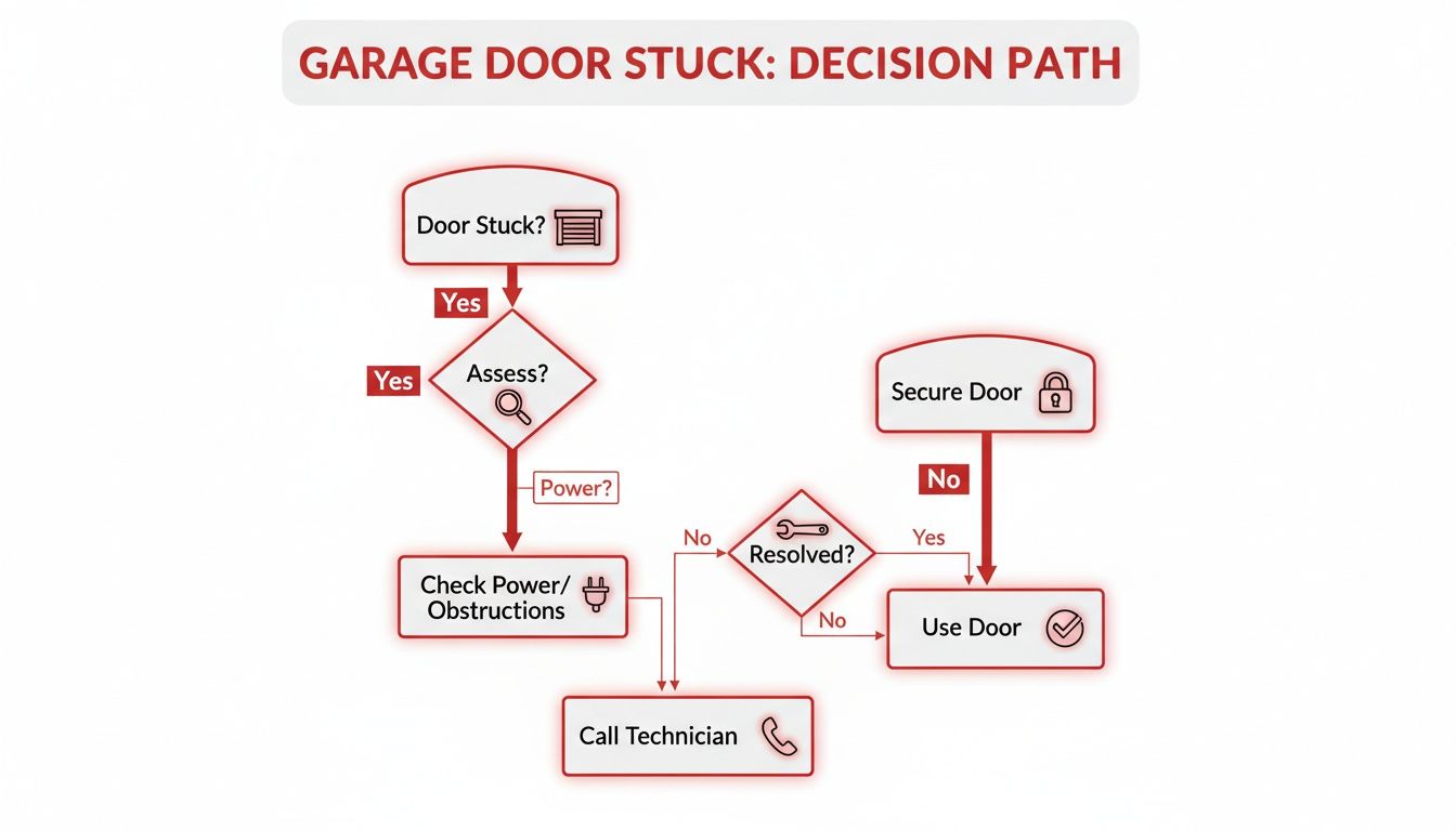 Flowchart illustrating a decision path for troubleshooting a stuck garage door, from assessment to resolution.