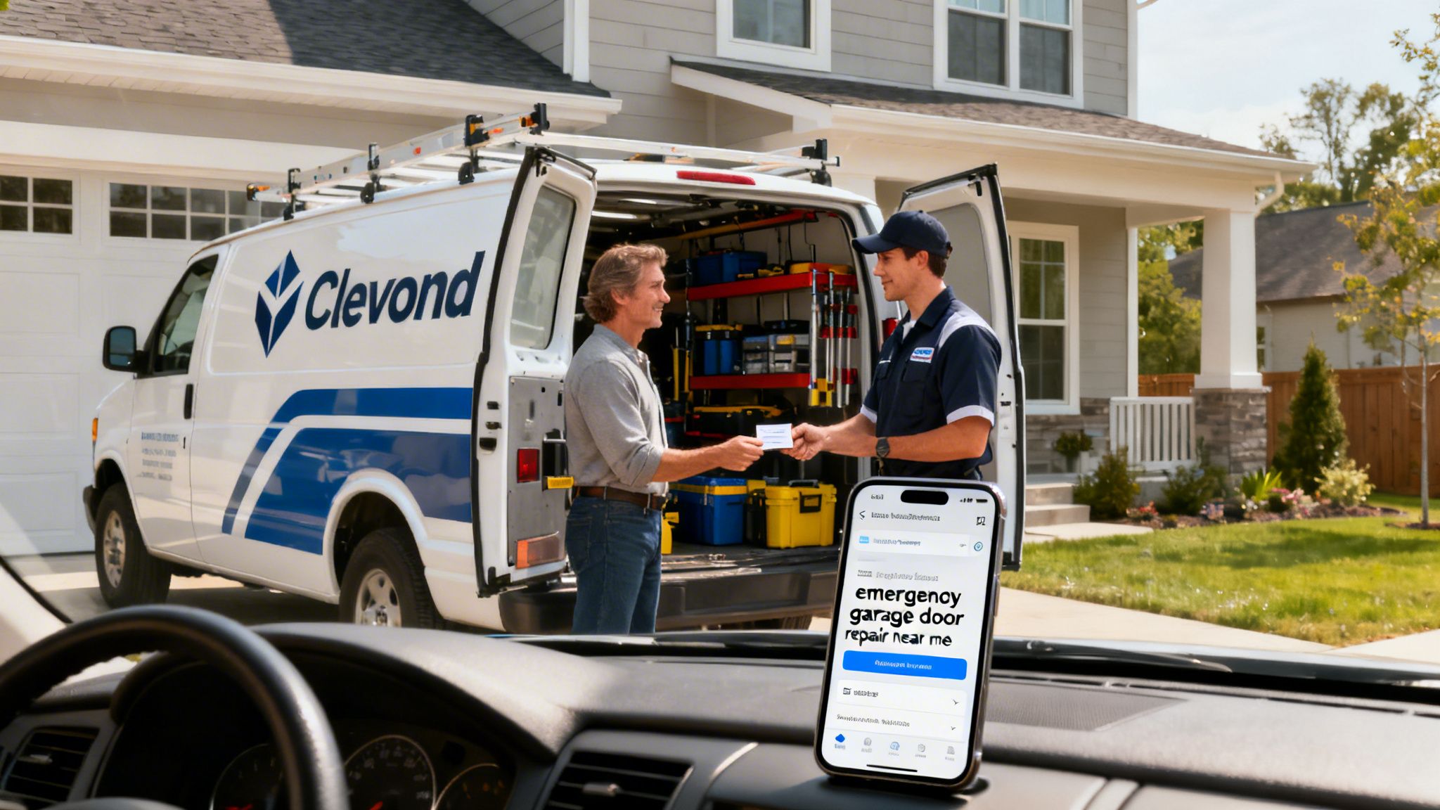 A Clevond technician hands a card to a customer after an emergency garage door repair service.