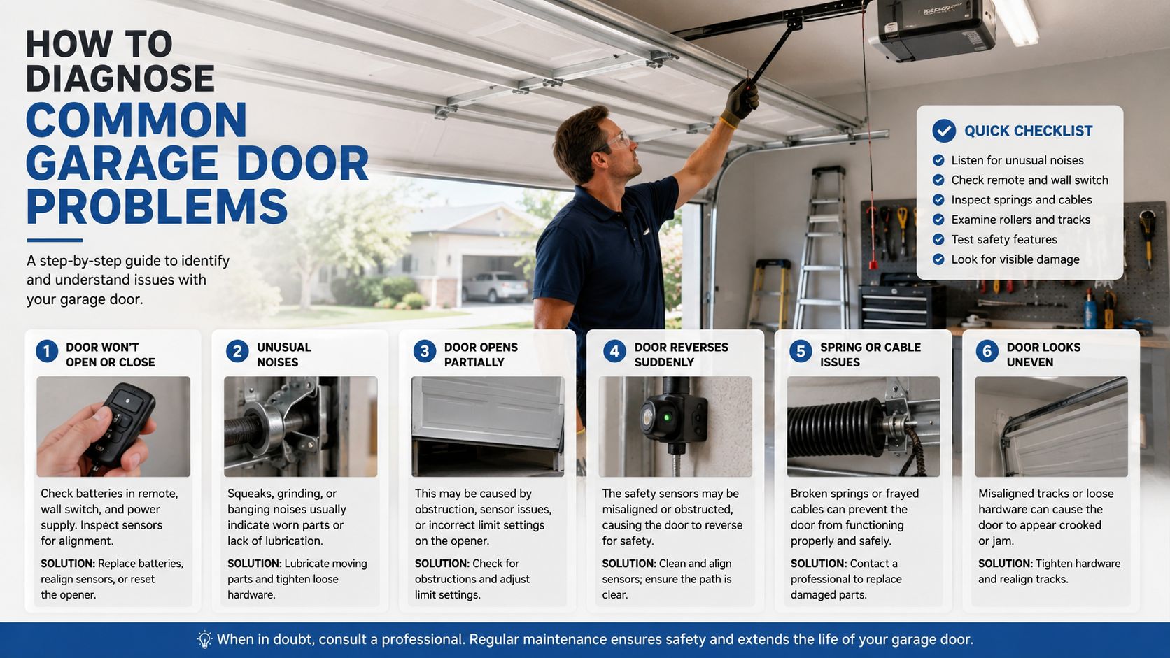 A technician inspecting a garage door system with a helpful infographic guide for troubleshooting common door issues.