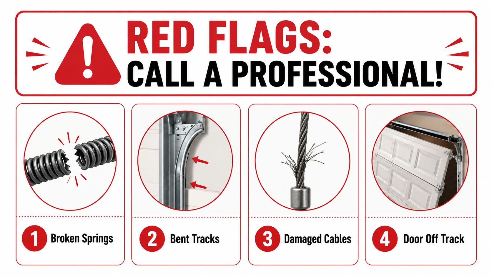 A safety infographic highlighting four major garage door issues requiring professional repair including broken springs and damaged cables.