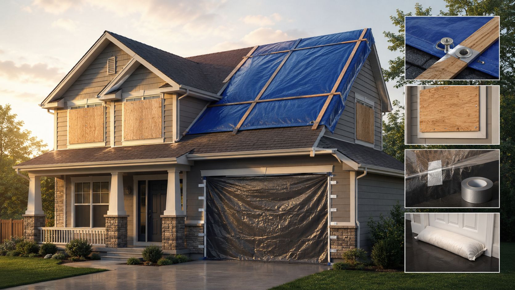 A suburban house boarded up with plywood and a tarp on the roof for emergency weather protection.