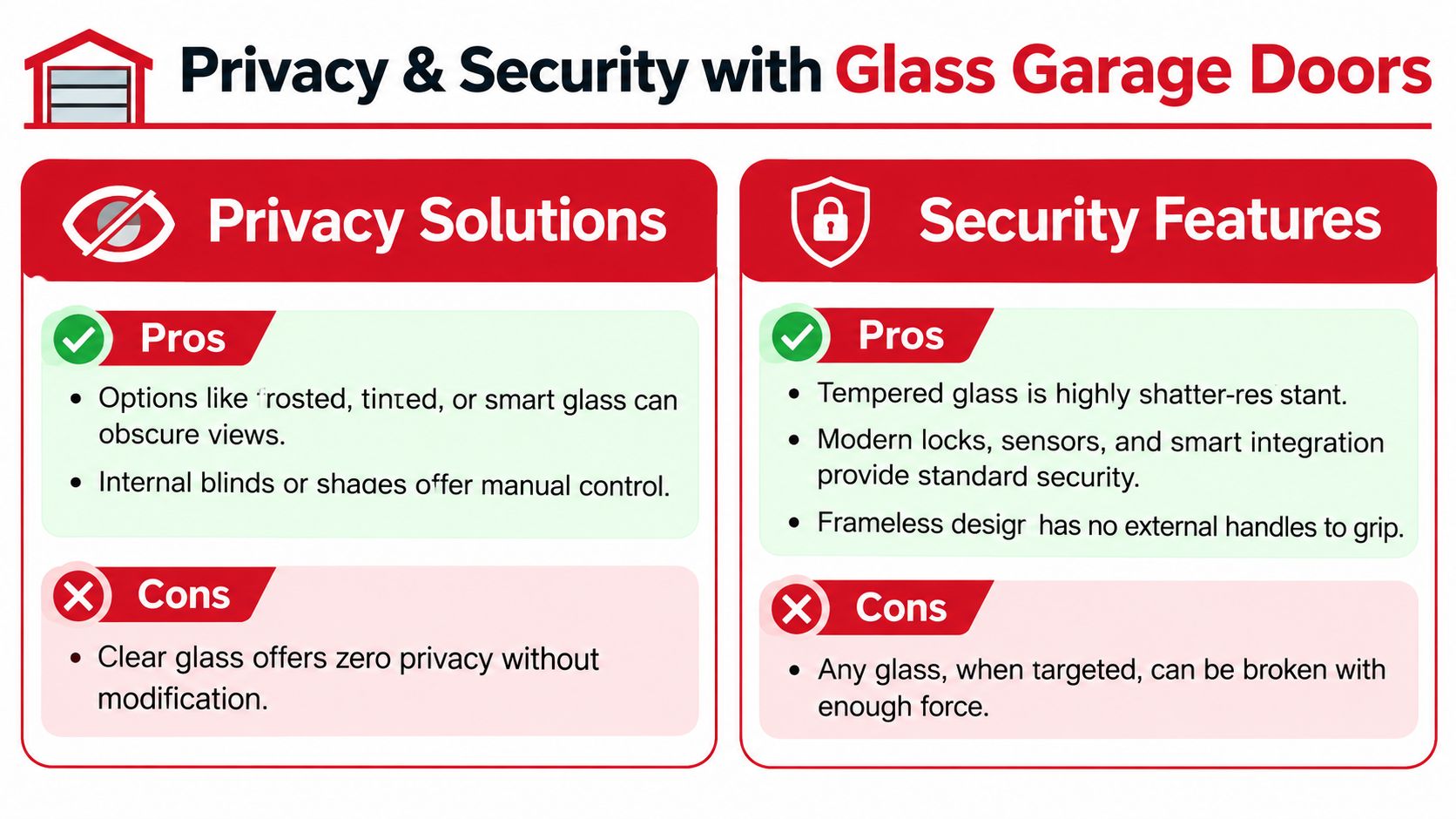 An infographic comparing the pros and cons of privacy solutions and security features for glass garage doors.