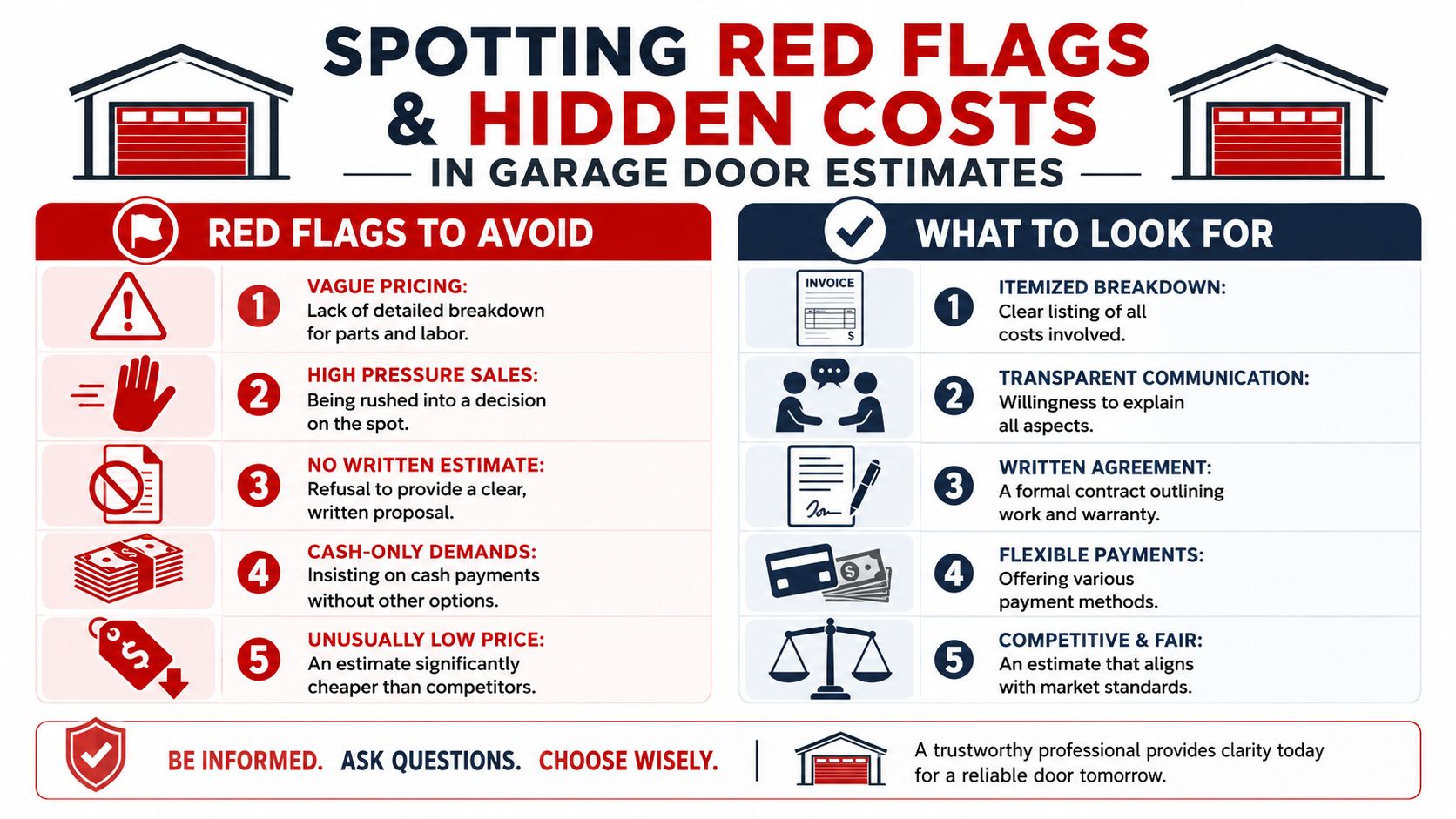 An infographic titled Spotting Red Flags and Hidden Costs in Garage Door Estimates with comparison lists.