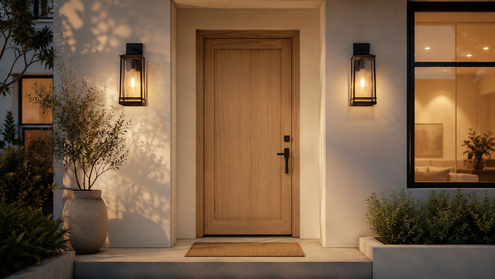 A warm, inviting entryway featuring a natural wooden front door, glowing wall lanterns, and decorative potted plants.