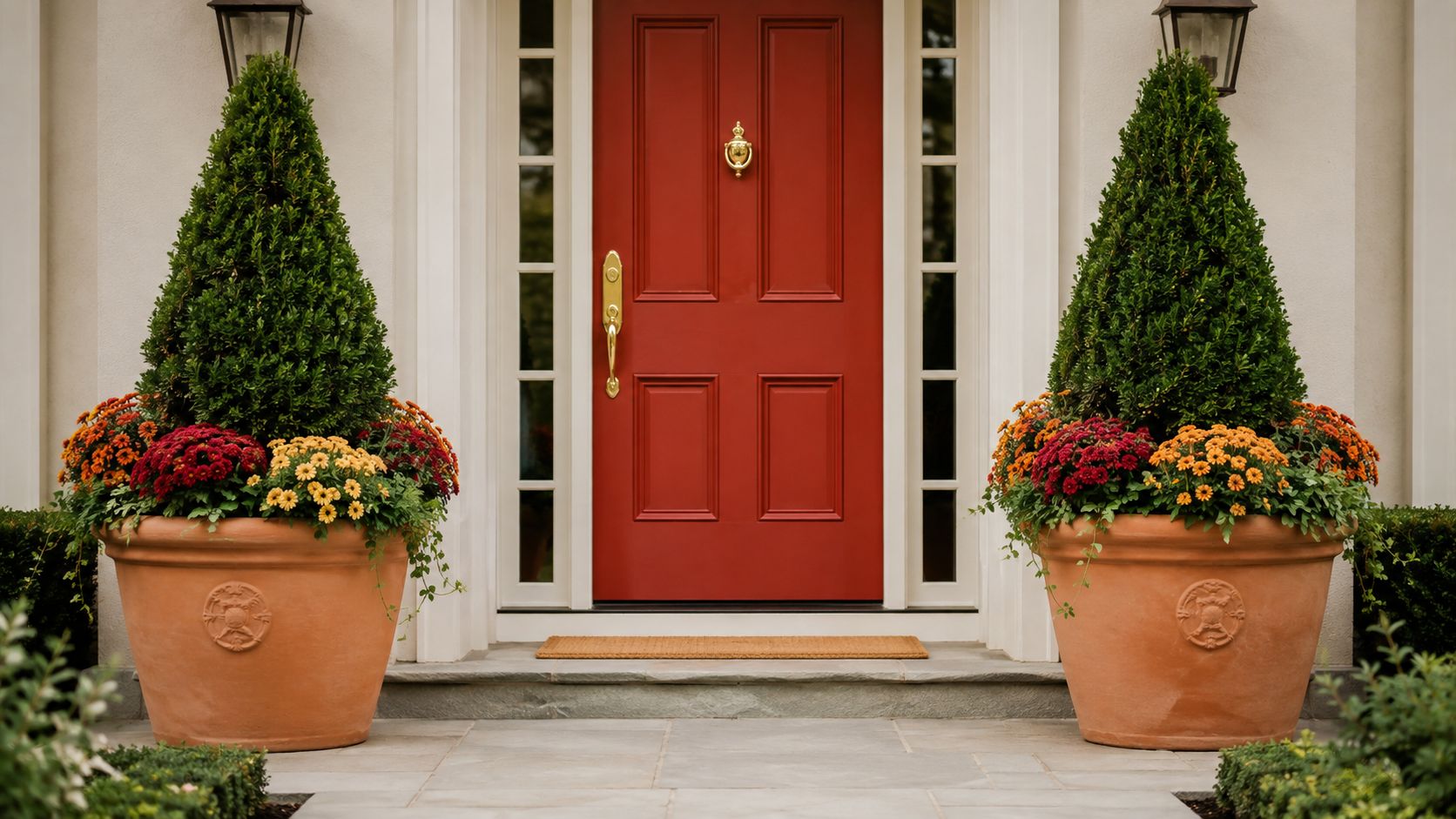 A vibrant red front door flanked by two large terracotta planters filled with autumn mums and topiaries.