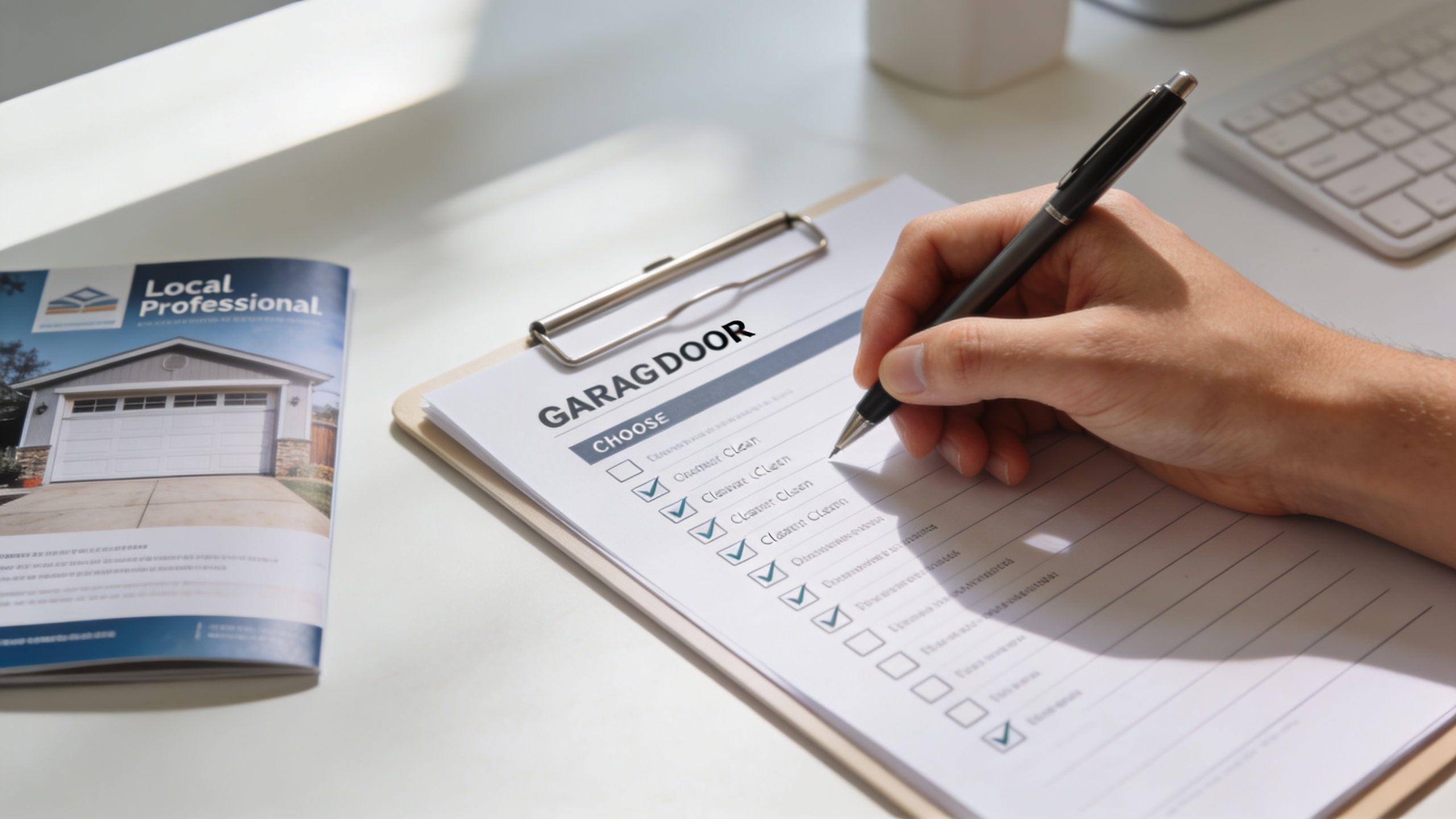 A close-up view of a person using a pen to fill out a garage door checklist form.