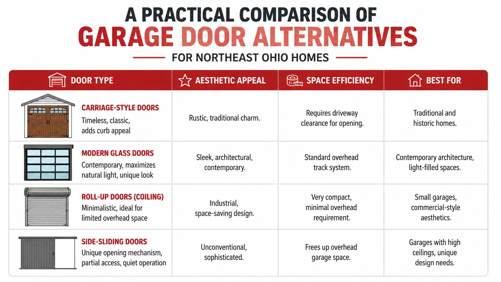 A comparison chart outlining different types of garage doors, their aesthetics, space efficiency, and best use cases.