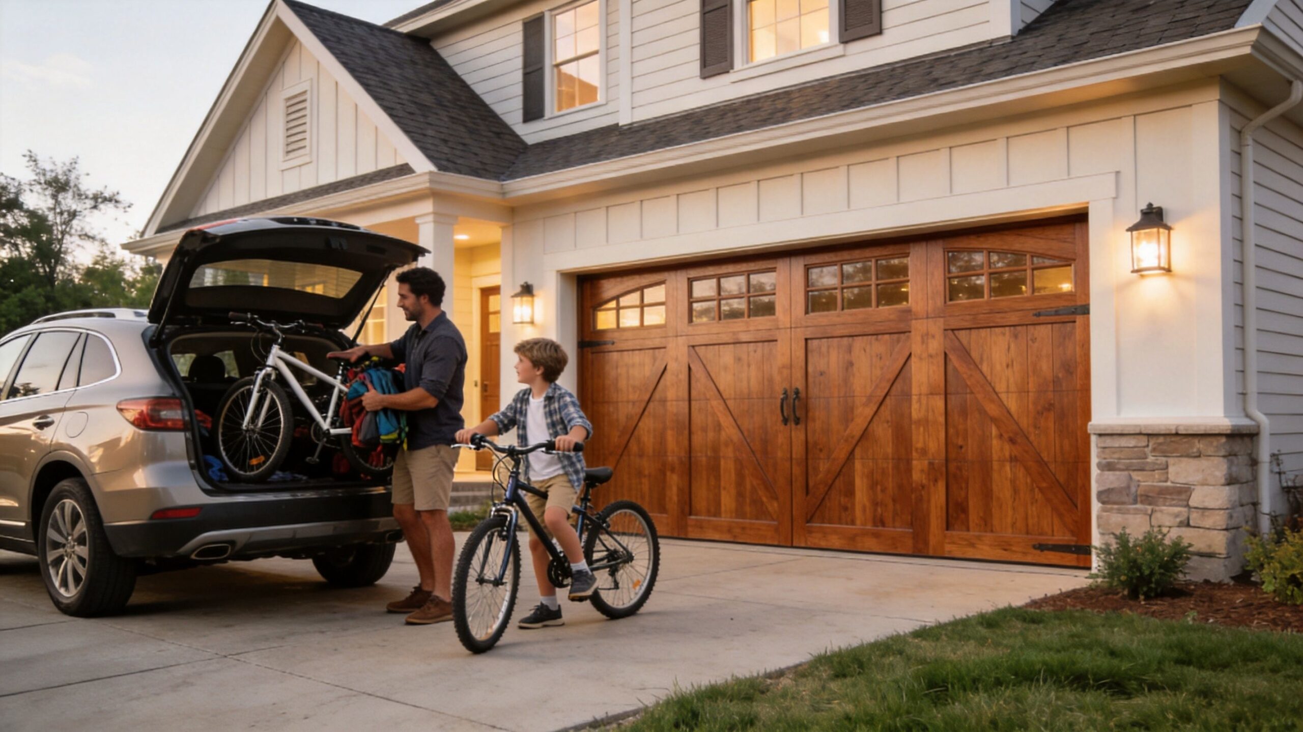 A father and son preparing to go bike riding in the driveway of their suburban family home.