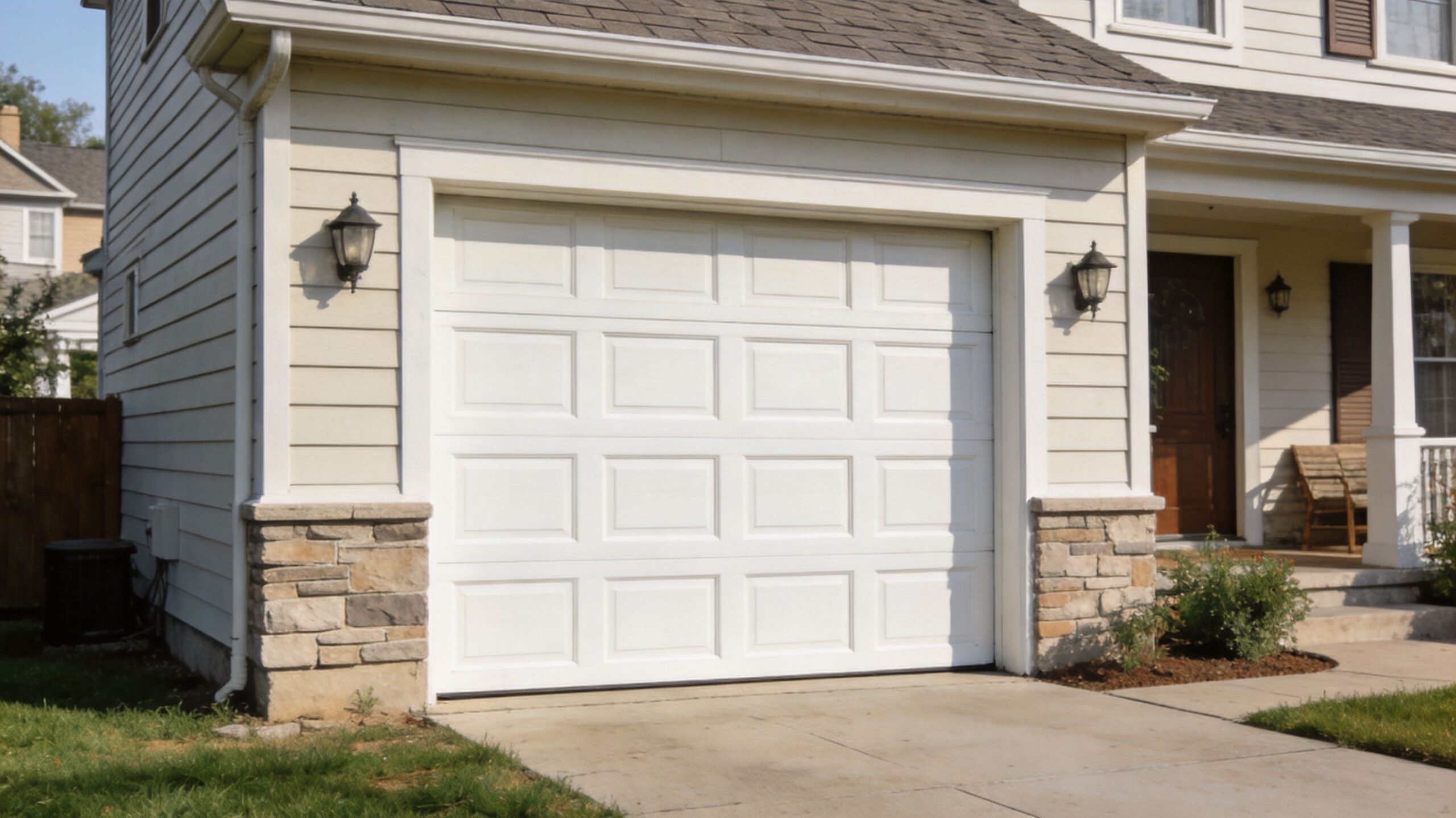 A standard white paneled garage door on a residential house with beige siding and stone trim.