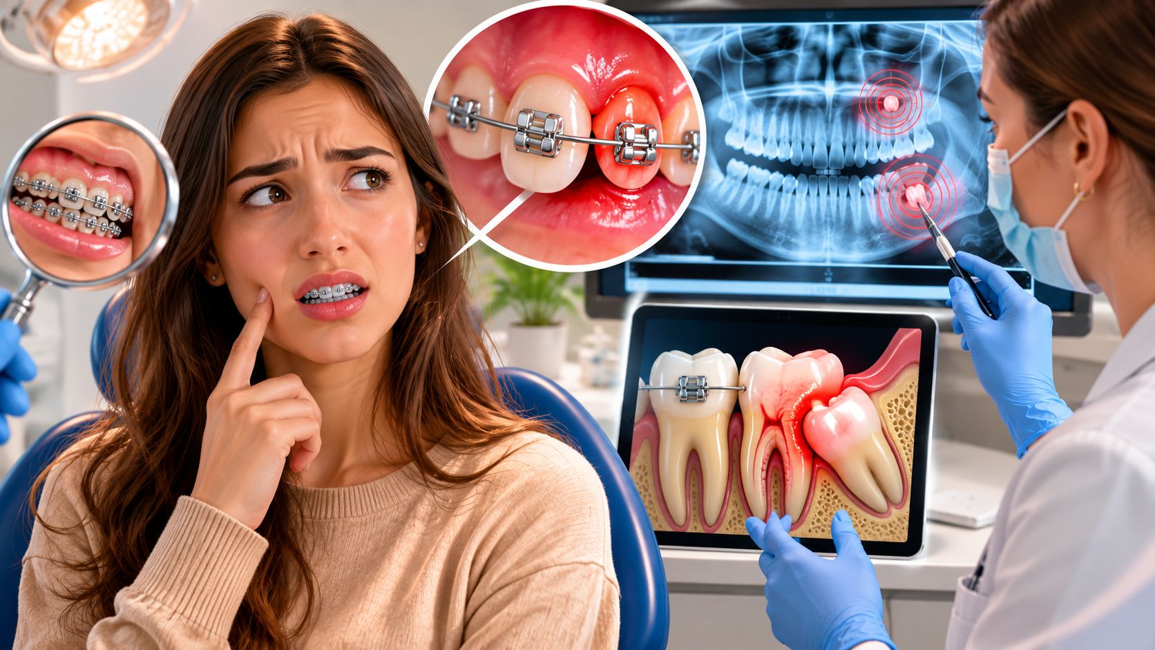 A concerned patient having a dental consultation about impacted wisdom teeth and orthodontic issues with her dentist.